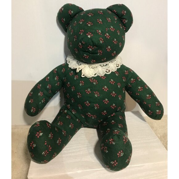 Vintage Handmade Green Teddy Bear With Lace Collar & Floral Print - Picture 1 of 4